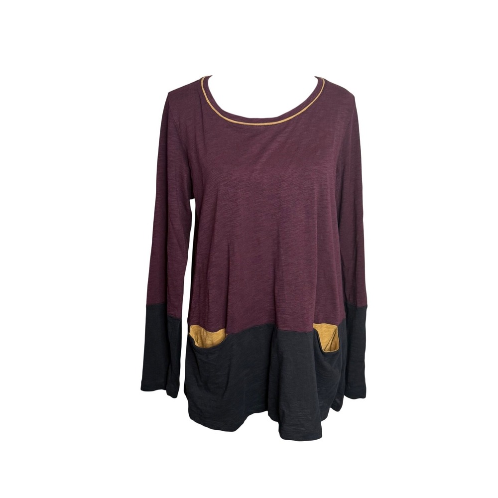 LOGO Lori Goldstein Colorblock Slub Knit Top M Burgundy Black Pockets Lagenlook